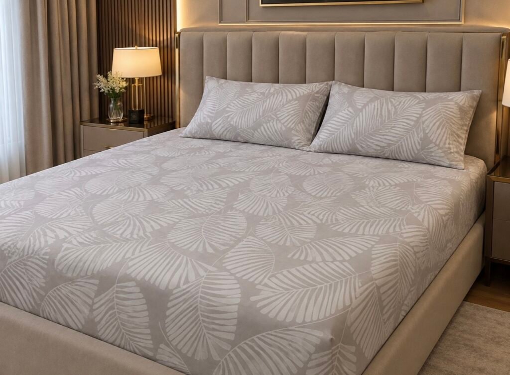 White leaves on beige floor Quilt Set