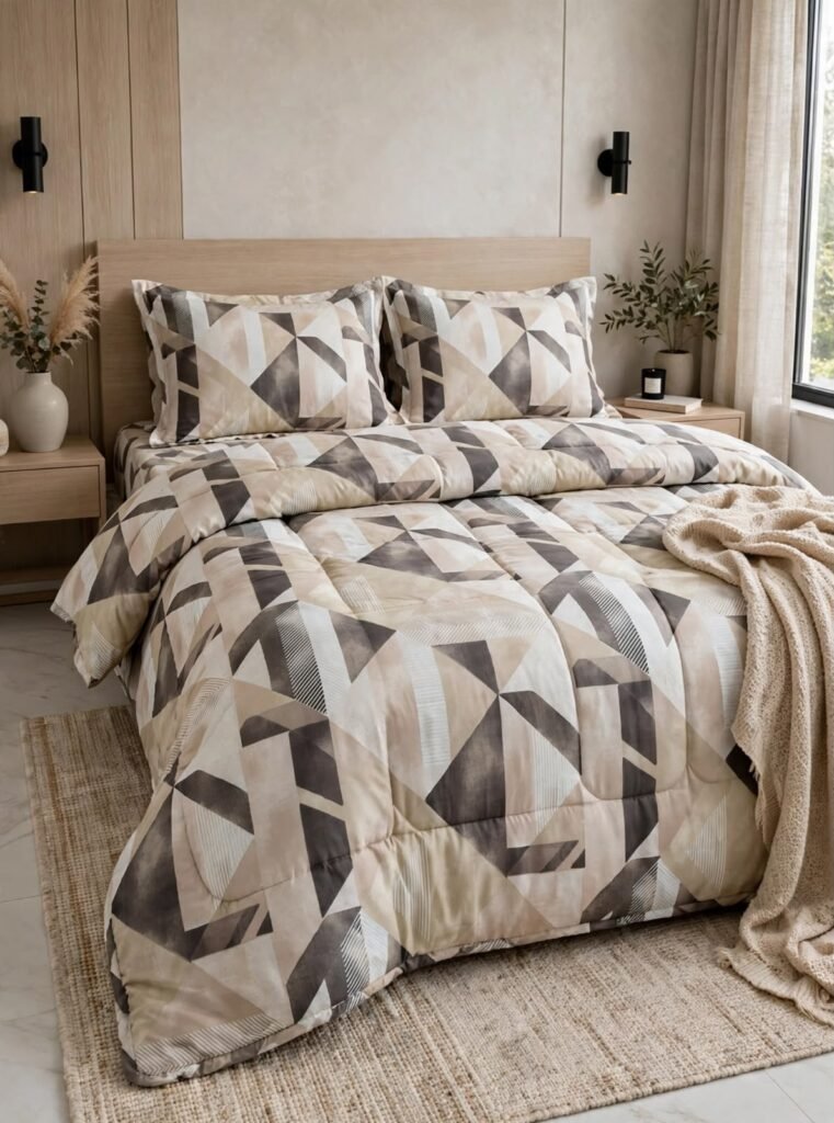 Beige Geometric Prism Quilt Set